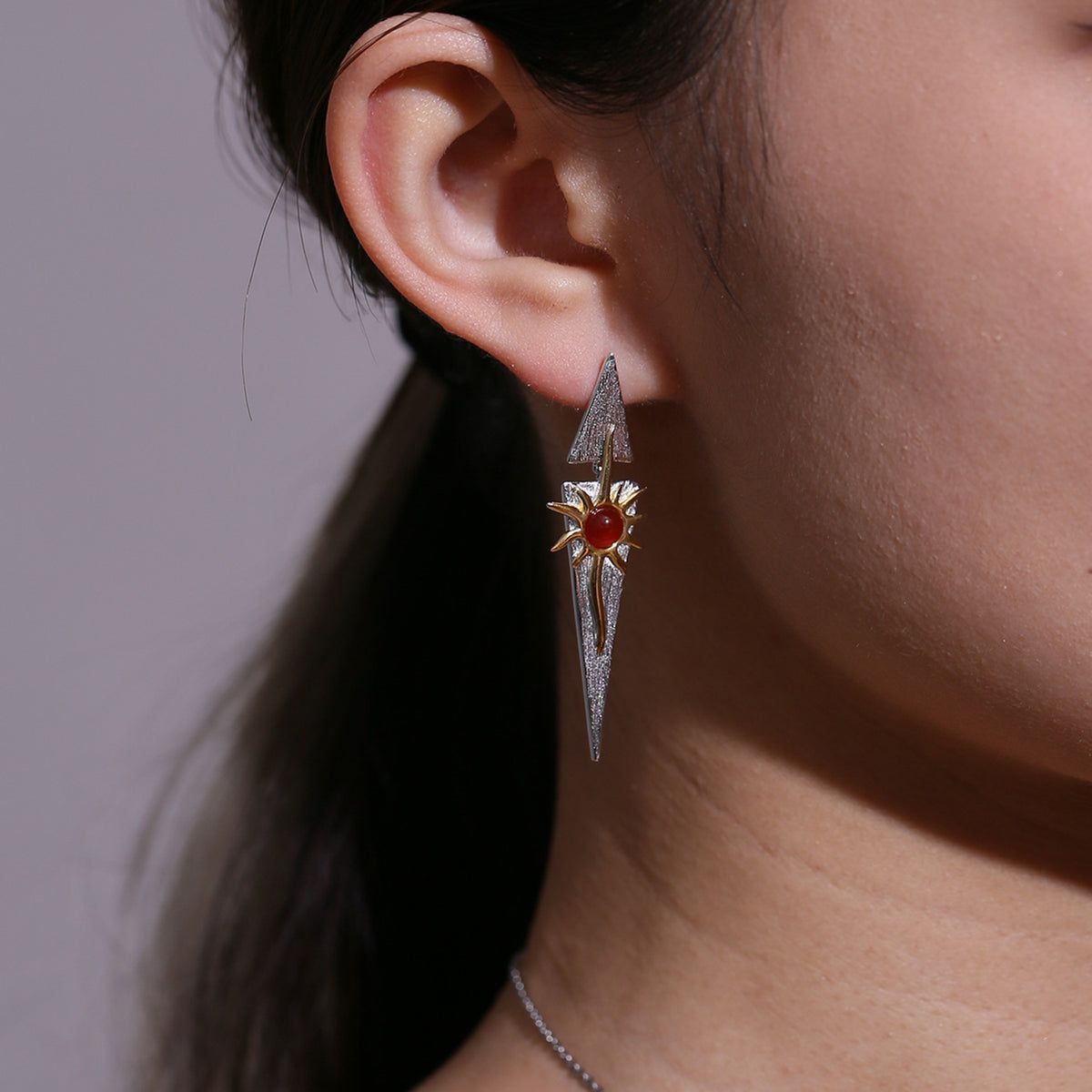 Amethyst Sunburst Drop Earrings in Silver - product view 2