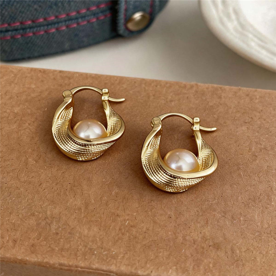 French Cream Style Pearl Silver Half Huggie Earrings For Women, Elegant Delicate Style