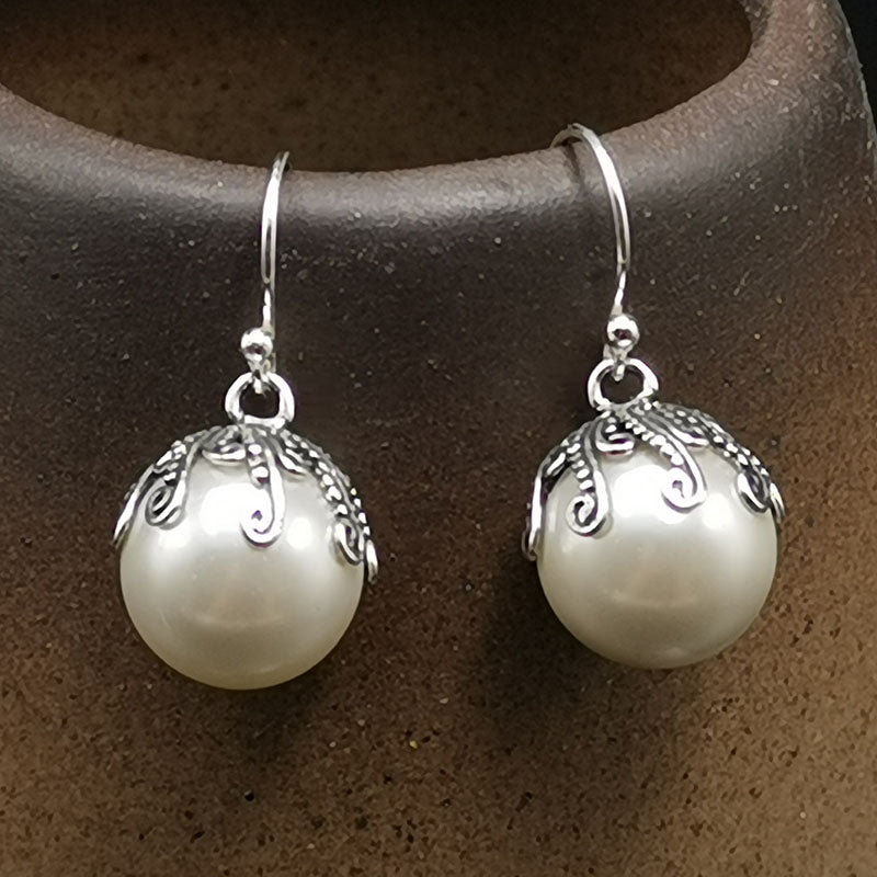 Ornate Silver & Pearl-Accent Drop Earrings - view 2