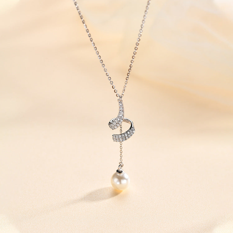 Fan & Pearl Drop Necklace in Gold-Tone Silver - view 4