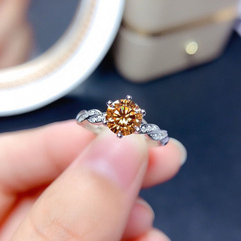 Women 8 Hearts 8 Arrows Champagne Moissanite Open Ring, Full Pave Iced Out Luxury Design