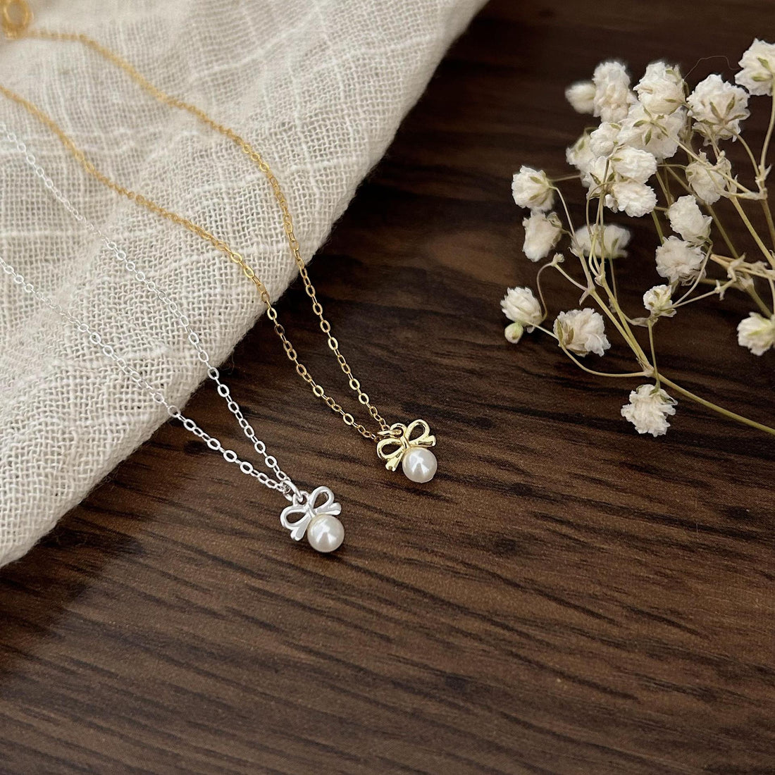 Petite Bow & Pearl-Accent Necklace in Gold-Tone Silver