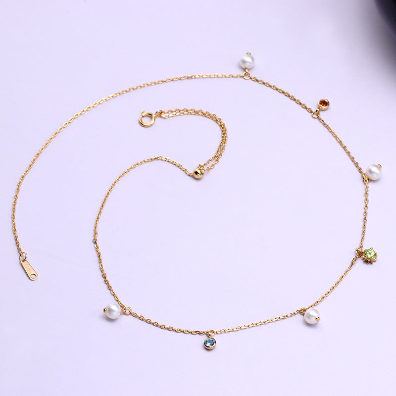 Star & Pearl Station Necklace in Gold-Tone Silver