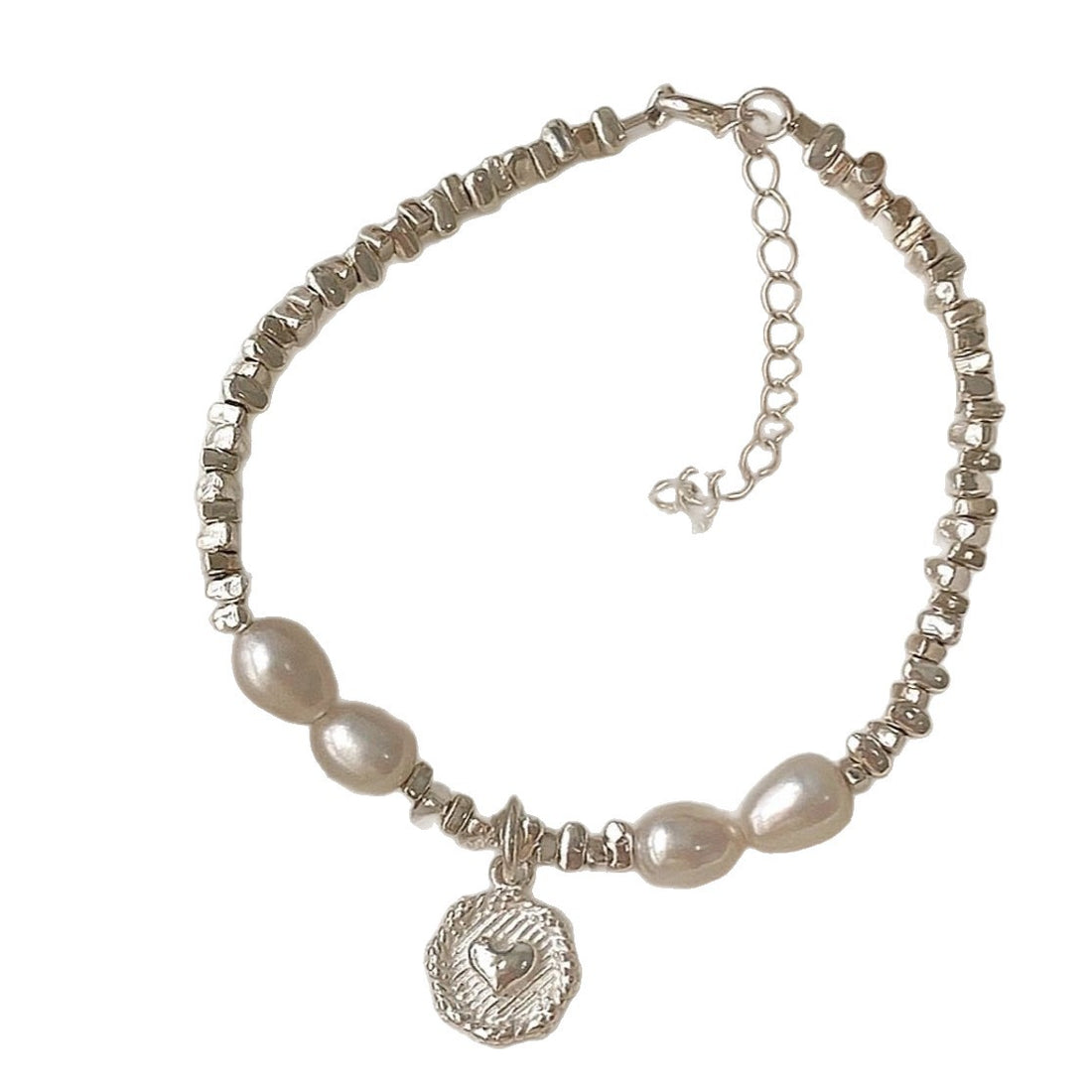 Oval Bead & Heart Charm Bracelet in Silver