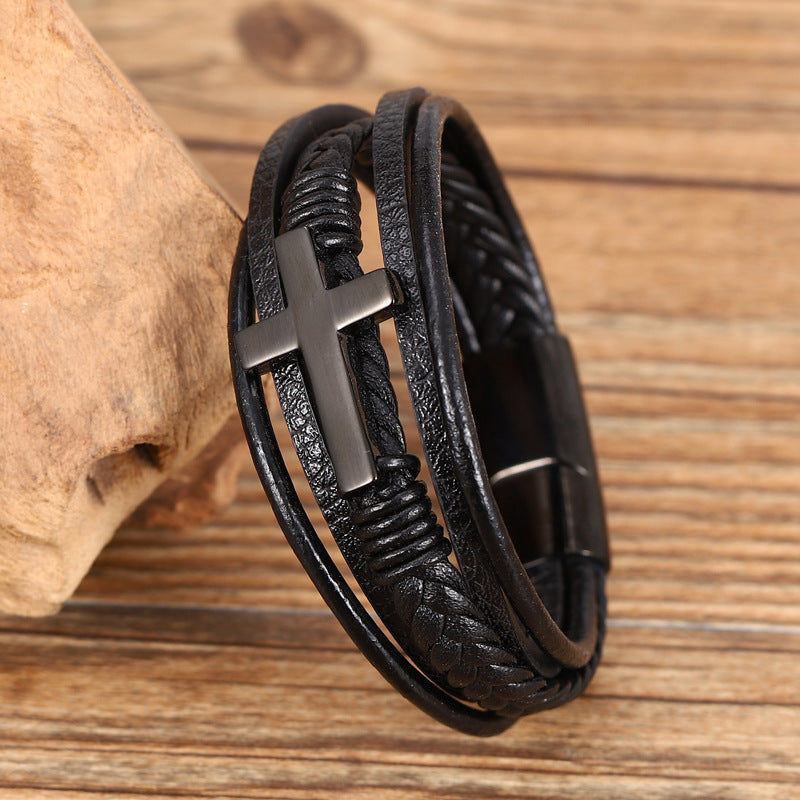 Multi-layer Braided Stainless Steel Cross Men's Bracelet - view 6