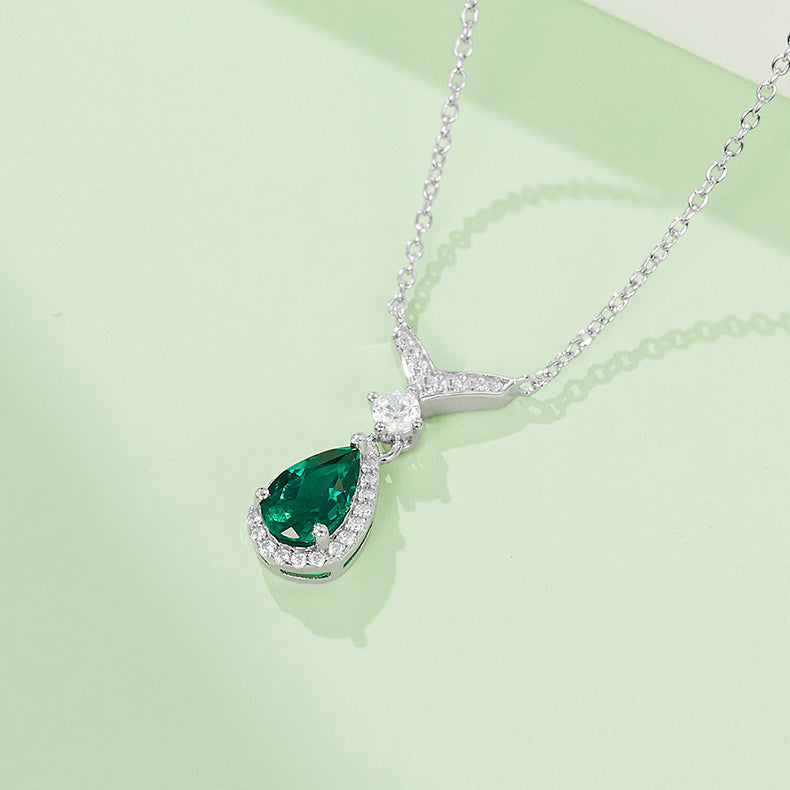 S925 Silver 2.5g 0.73ct Lab-Created Emerald Necklace, 5x5mm Teardrop Pendant, 40 and 5cm