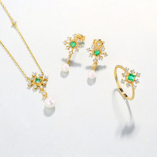 Green Accent & Pearl Drop Necklace in Gold-Tone Silver