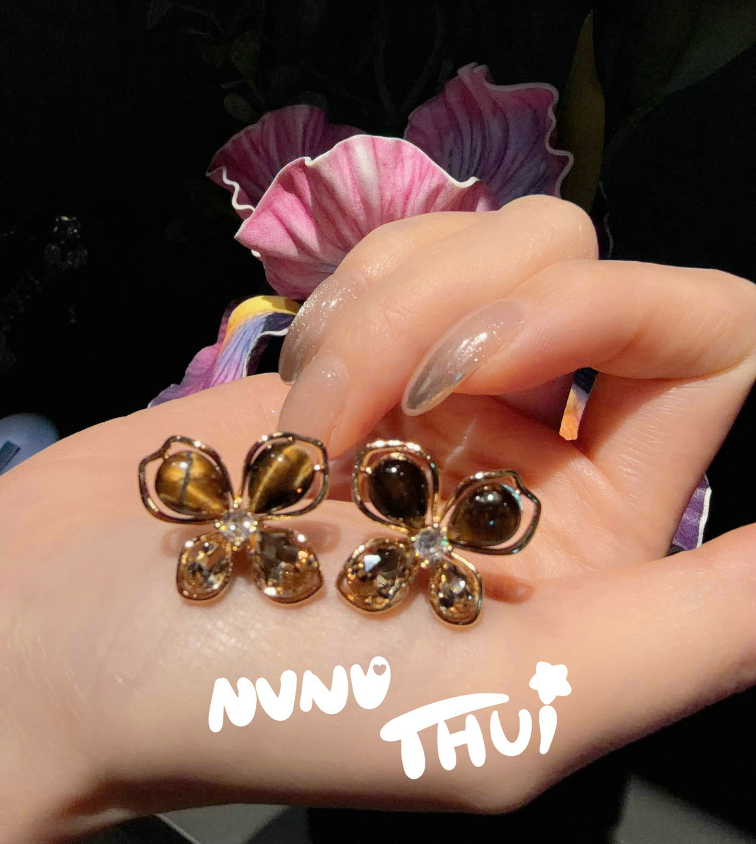 Vintage Large Pearl Jewelry Earrings, Sicily Style Maillard Tiger Eye Butterfly Dangle