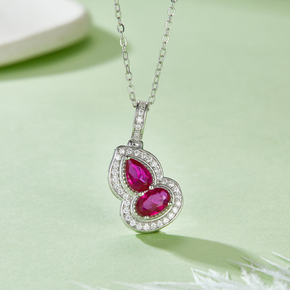 S925 Silver 2.7g Lab-Created Ruby Necklace, 6.4mm Two-Stone Halo Pendant, 40&5cm