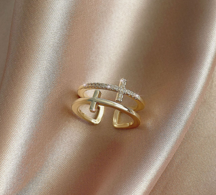Double Cross Miniature Copper Inlaid Zircon Ring - view 4