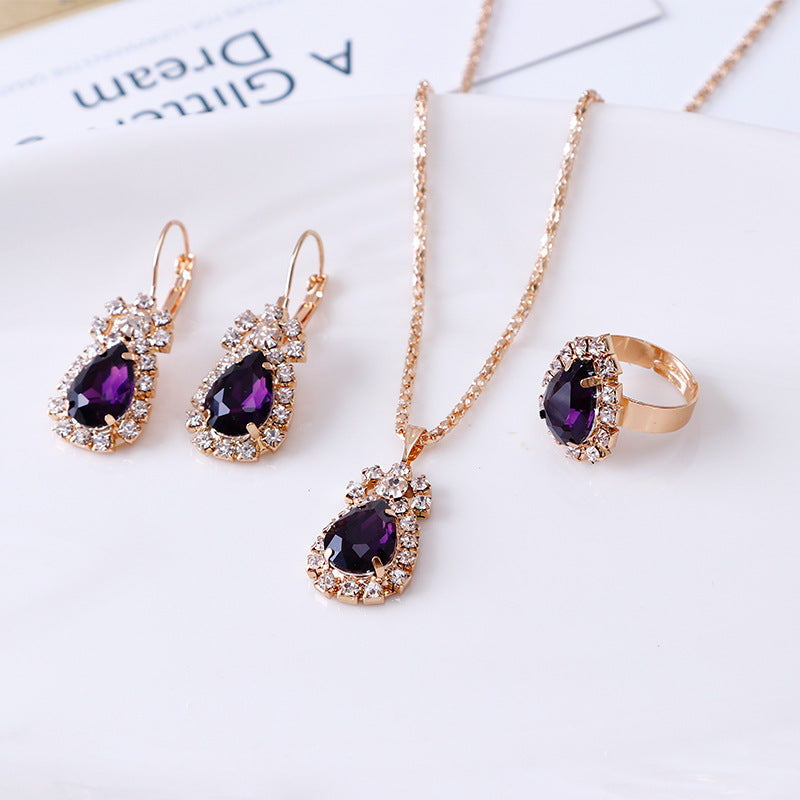 Water Drop Rhinestone Necklace Earrings Ring Set - view 3