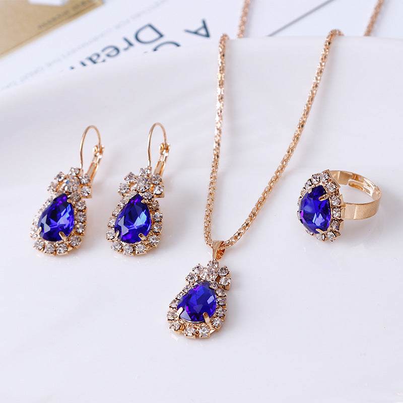 Water Drop Rhinestone Necklace Earrings Ring Set - view 5