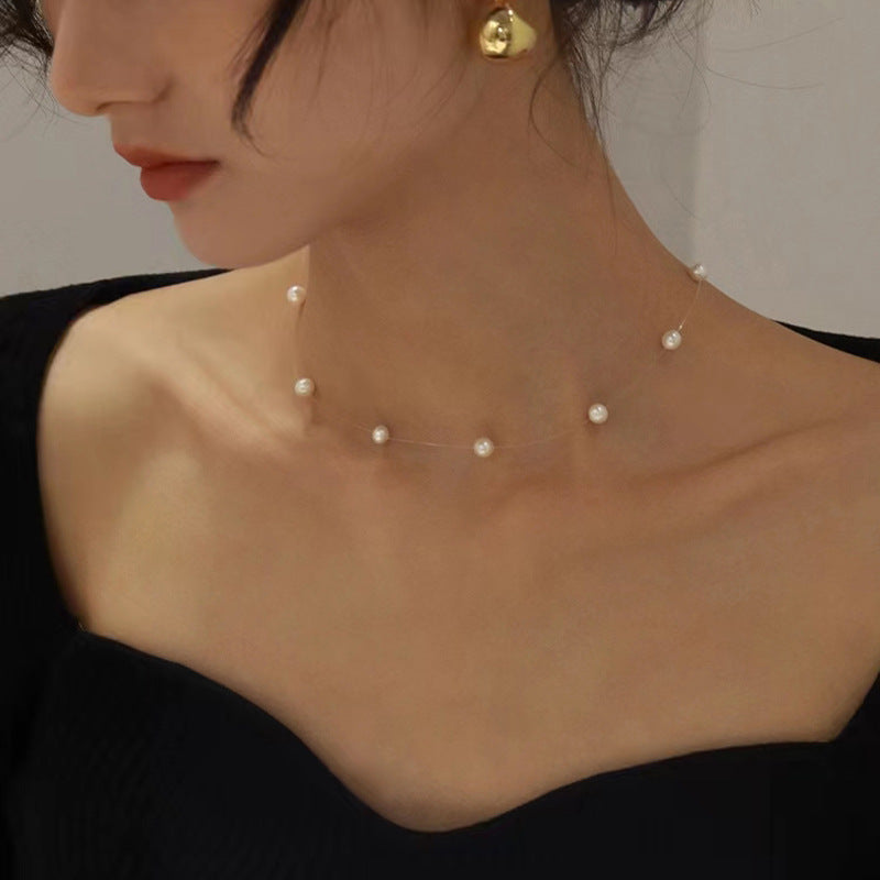 Floating Pearl-Accent Necklace with Silver Details - view 2