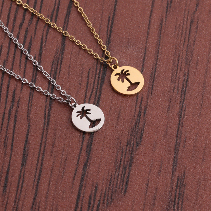 Titanium Steel Hollow Coconut Tree Pendant Necklace