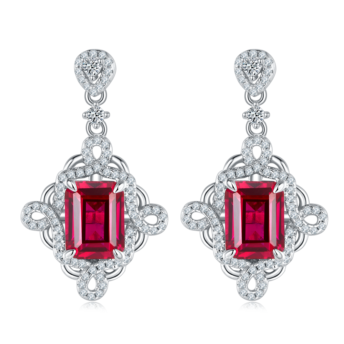 S925 Silver 4.4g Platinum Plated Lab-Created Ruby Drop Earrings, 8x6mm Emerald Cut