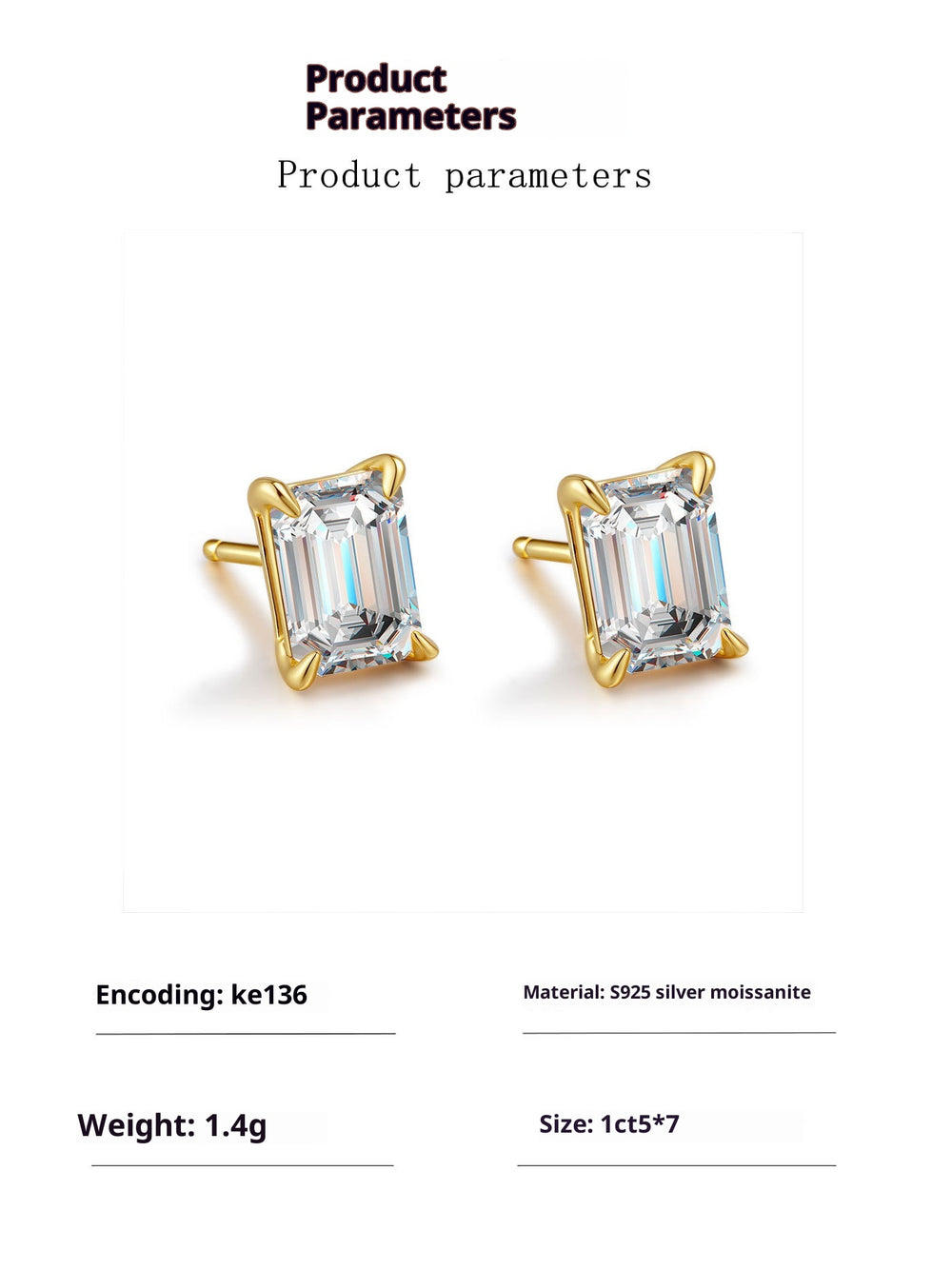 Step-Cut Moissanite Silver Stud Earrings - product view 4