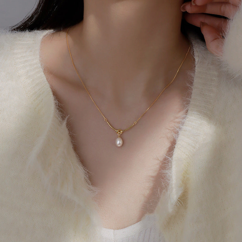 Knot & Pearl Drop Necklace in Gold-Tone Silver - view 7