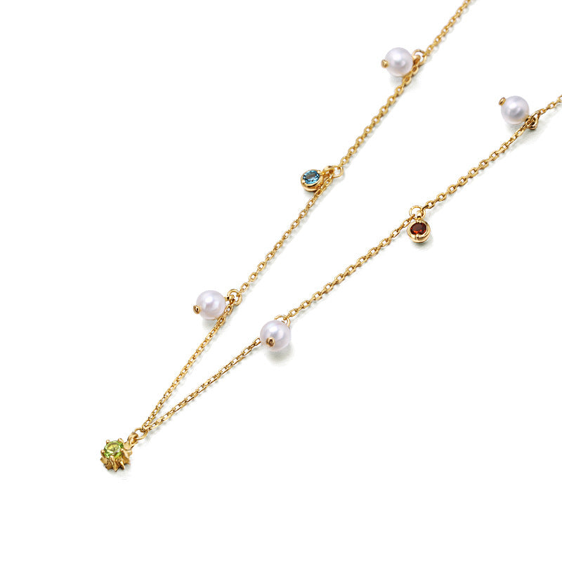 Star & Pearl Station Necklace in Gold-Tone Silver