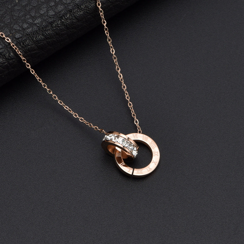 Roman Numeral Ring Diamond Titanium Steel Necklace - view 3