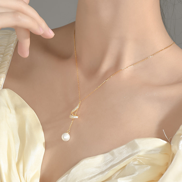 Fan & Pearl Drop Necklace in Gold-Tone Silver