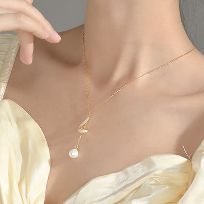 Fan & Pearl Drop Necklace in Gold-Tone Silver - view 2