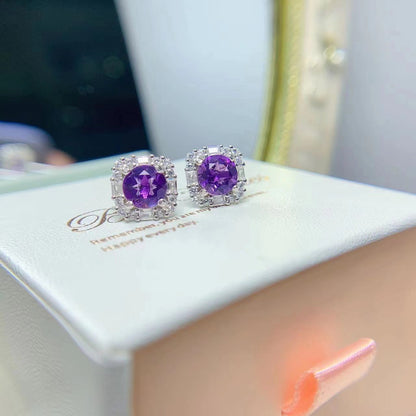 Amethyst Halo Stud Earrings in Silver - product view 4