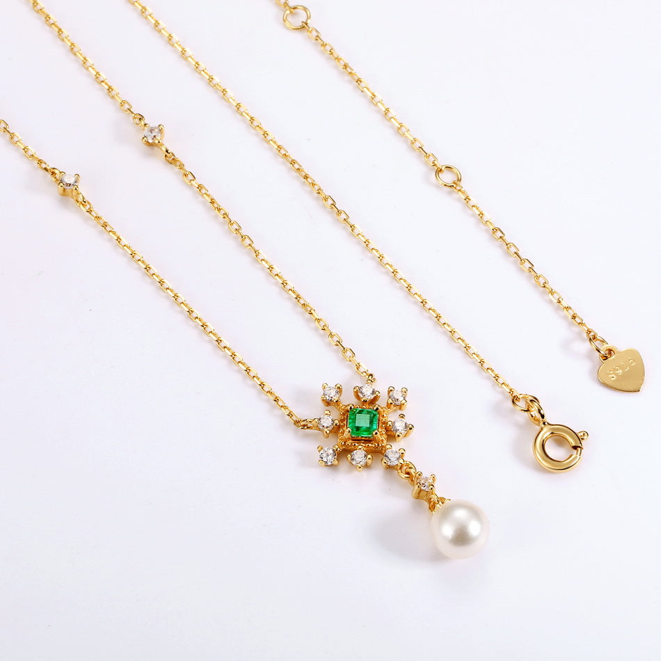 Green Accent & Pearl Drop Necklace in Gold-Tone Silver - view 6