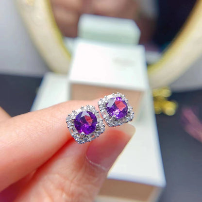 Amethyst Halo Stud Earrings in Silver - product view 1