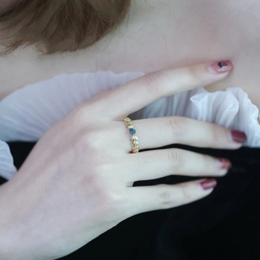 Blue-Accent Leaf Ring in Gold-Tone Silver - view 1