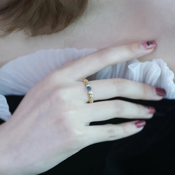 Blue-Accent Leaf Ring in Gold-Tone Silver