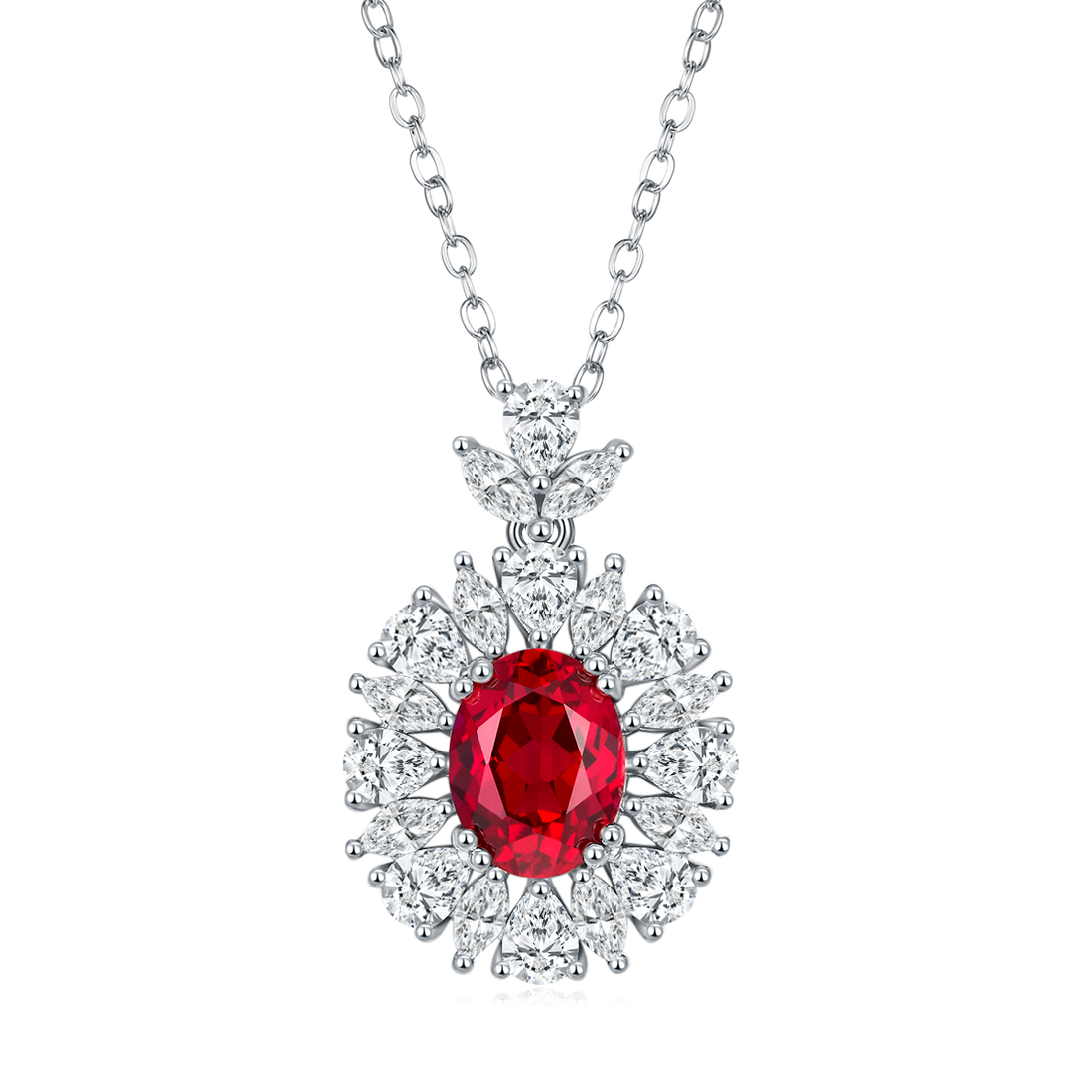 S925 Silver 4.6g Platinum Plated 2ct Lab-Created Ruby Necklace, 9x7mm Halo, 40&5cm