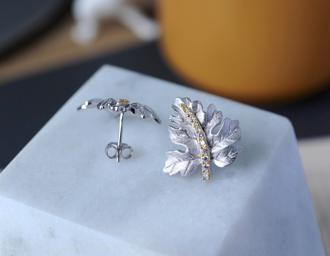 Gilded Leaf Stud Earrings in Silver — product photograph 5