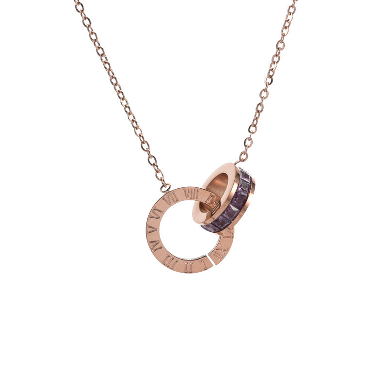 Roman Numeral Ring Diamond Titanium Steel Necklace - view 5