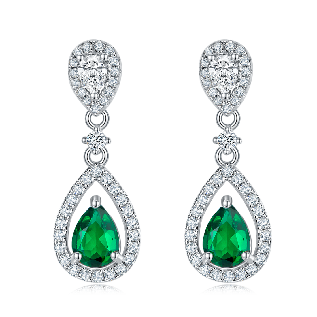 S925 Silver 3.5g Platinum Plated 1.6ct Lab-Created Emerald Drop Earrings, 7x5mm Pear