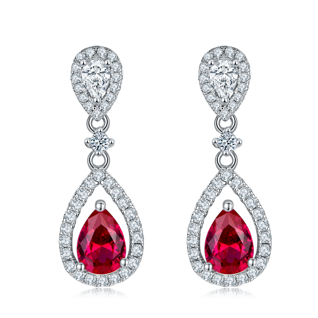 S925 Silver 3.9g Lab-Created Ruby Drop Earrings, 0.8ct 7x5mm Halo, Pair