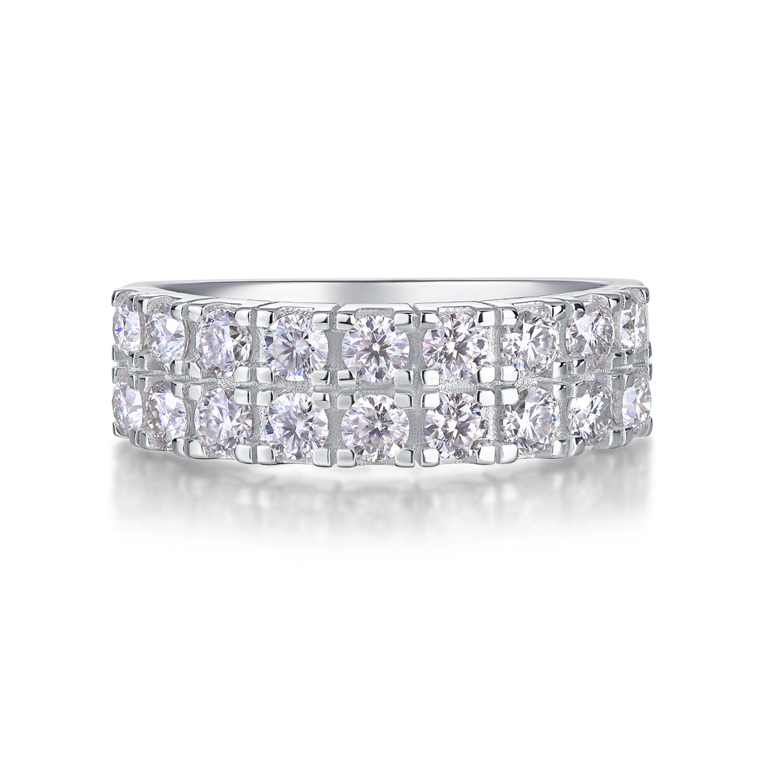 S925 Silver 4.1g Platinum Plated Moissanite Ring, 6.5mm Double Row Pave 18 Stones