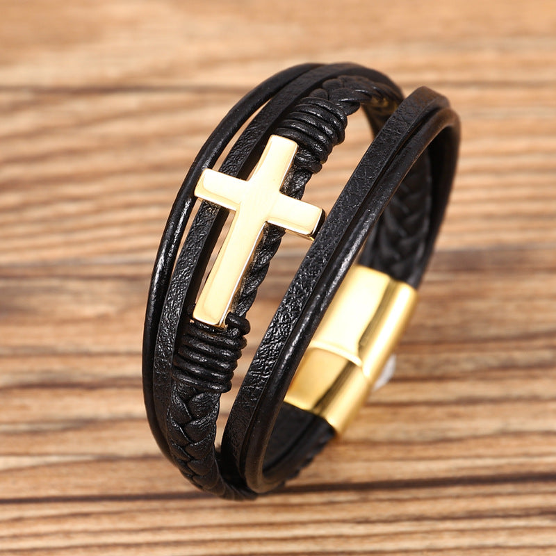 Multi-layer Braided Stainless Steel Cross Men's Bracelet - view 5