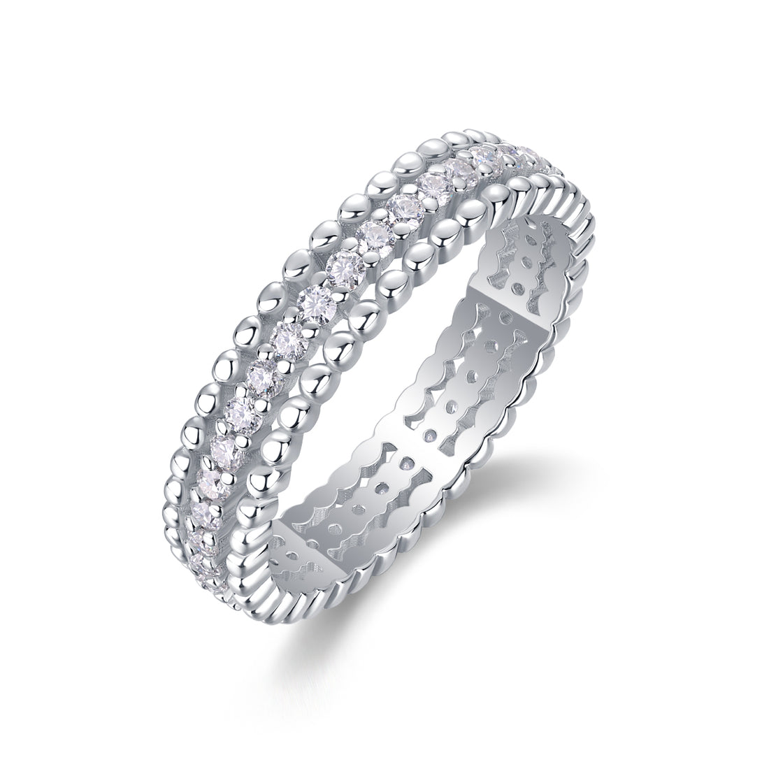 S925 Silver 2.4g Platinum Plated Moissanite Ring, 4.3mm Beaded & Pave Band, D VVS1 GRA