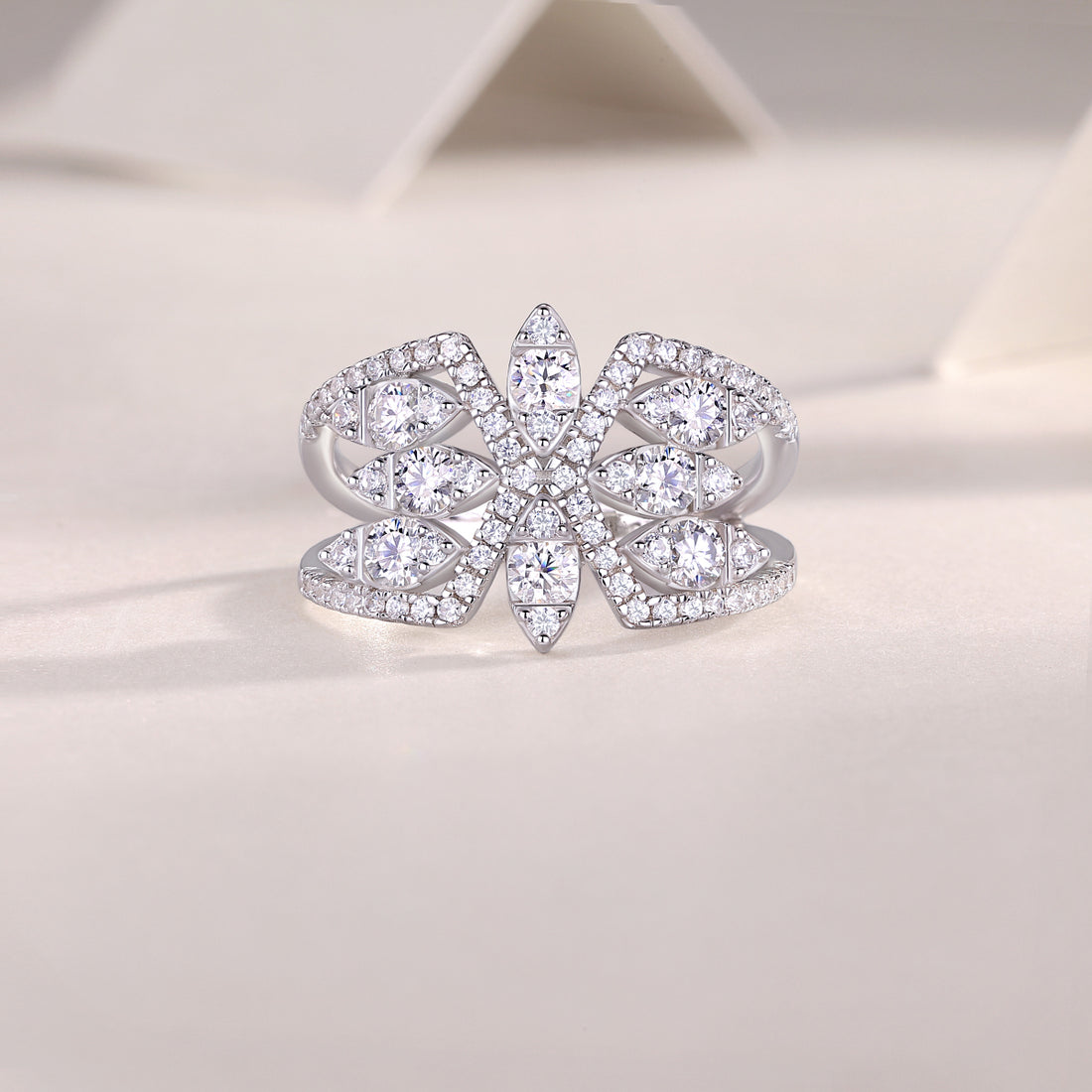 S925 Silver 3.8g Platinum Plated Moissanite Ring, 14.3mm Floral Cluster, D VVS1 GRA