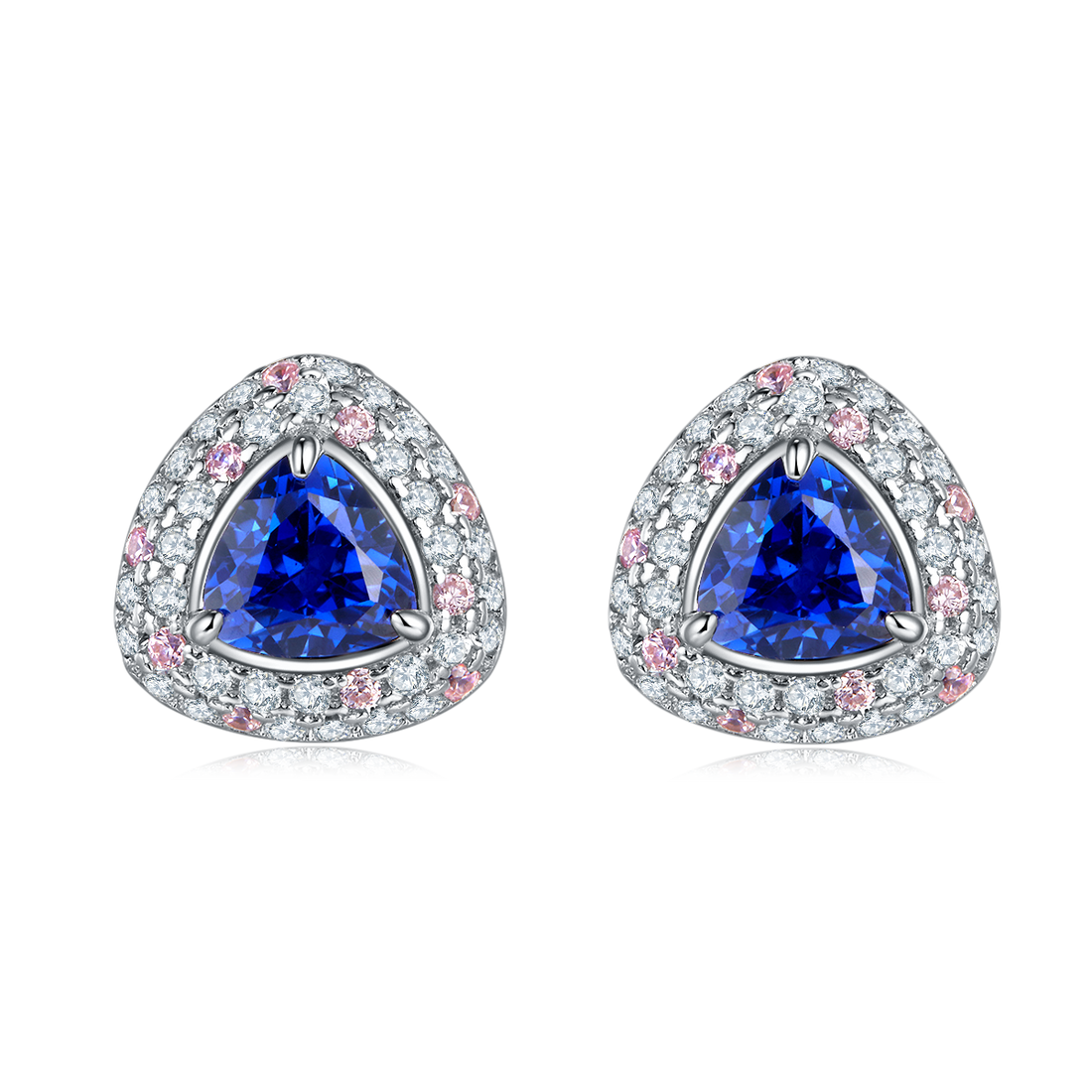 S925 Silver 3g 1.6ct Lab-Created Sapphire Earrings, 6mm Trillion Cut Halo, Pair