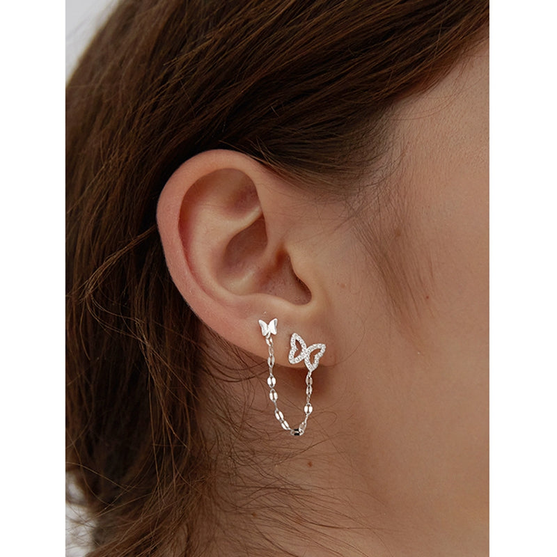 Linked Butterfly Chain Stud Earrings in S925 Silver — product photograph 3