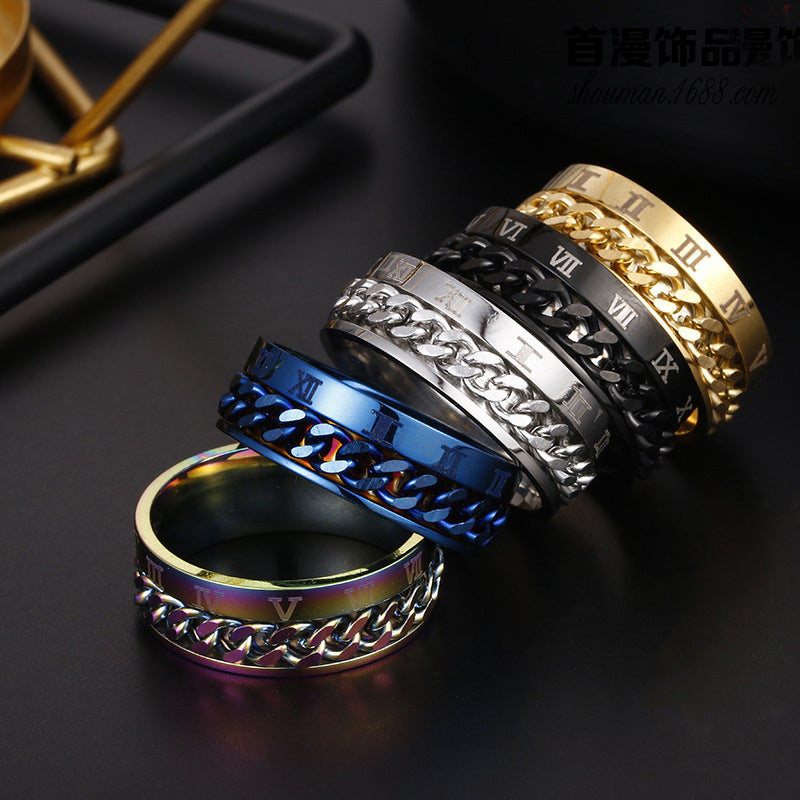 Roman Letter Rotatable Chain Rings Men Digital Titanium Steel Ring Spinner Jewelry - view 2