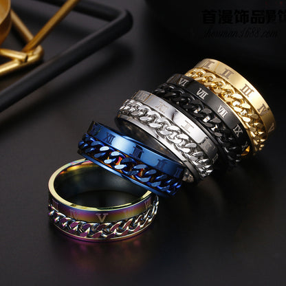 Roman Letter Rotatable Chain Rings Men Digital Titanium Steel Ring Spinner Jewelry - view 2