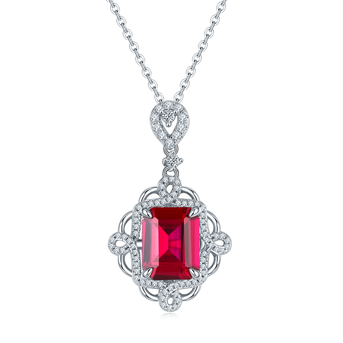 S925 Silver 4.3g 4.23ct Lab-Created Ruby Necklace, 10x8mm Vintage Pendant, 40&5cm