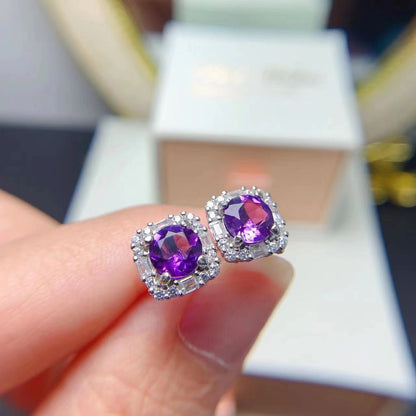 Amethyst Halo Stud Earrings in Silver - product view 2