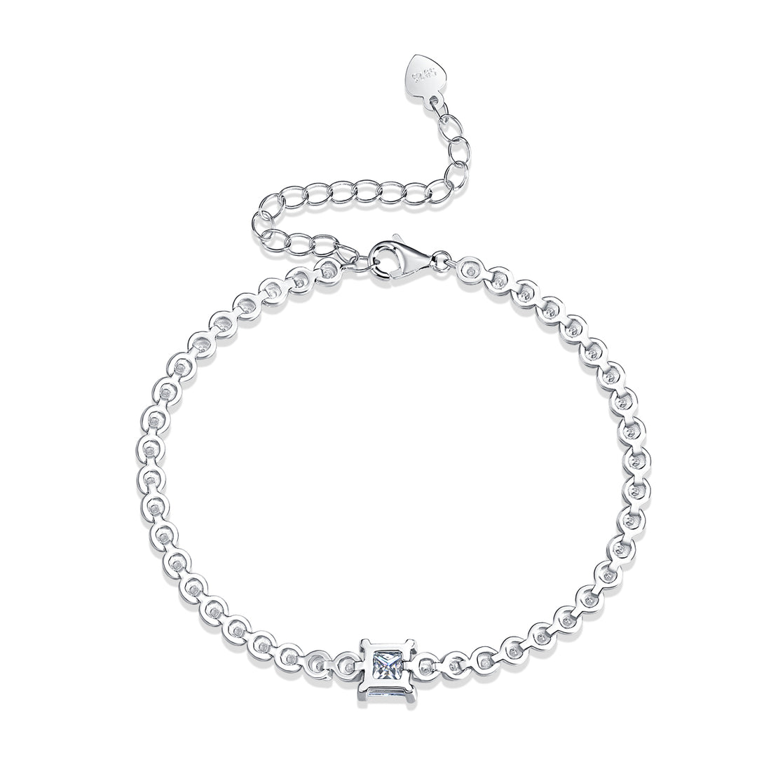 S925 Silver 1ct Princess Cut Moissanite Bracelet Adjustable GRA Certified