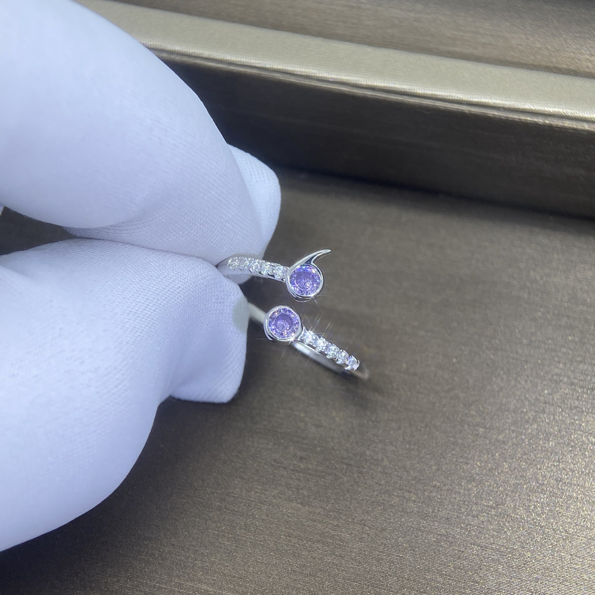 Purple Zircon Flower Open Ring in Silver - product view 3