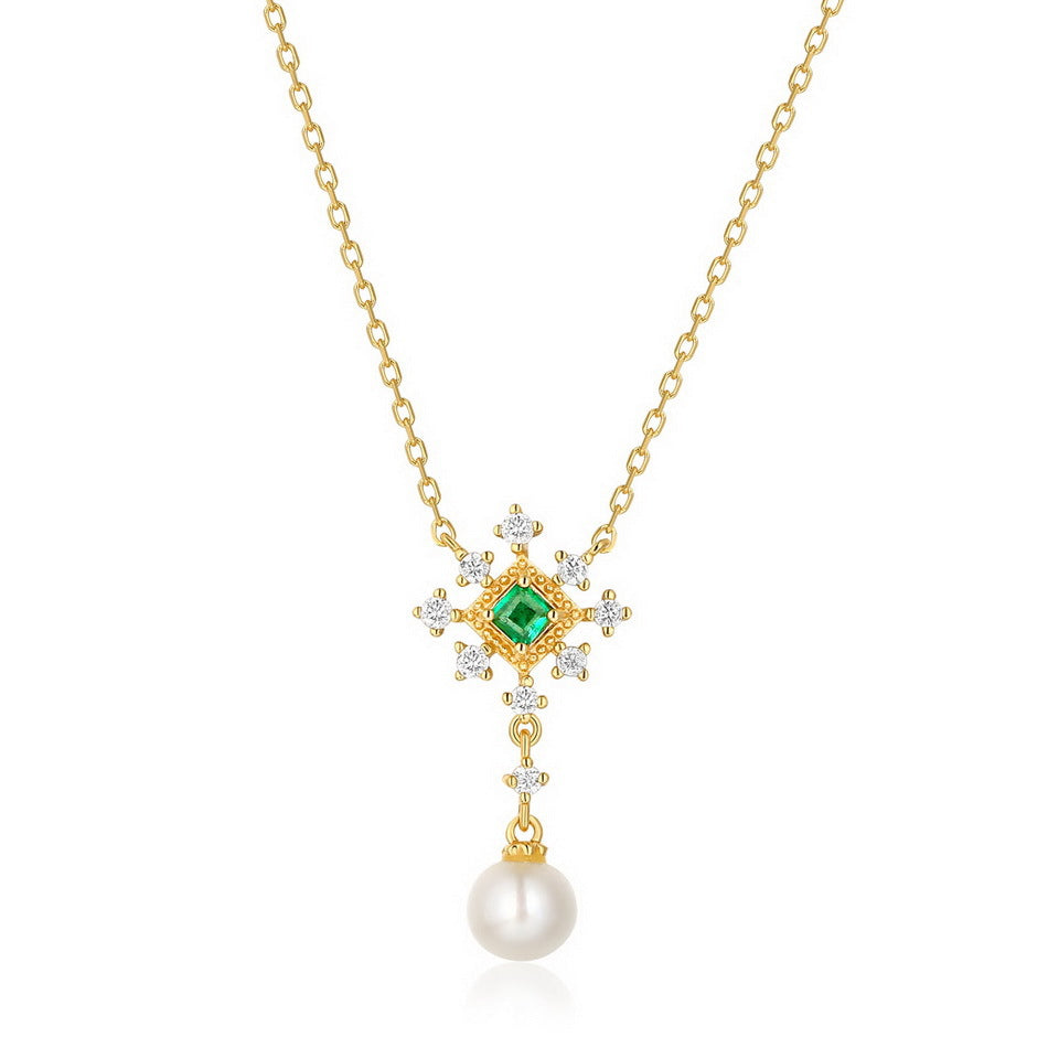 Green Accent & Pearl Drop Necklace in Gold-Tone Silver - view 4