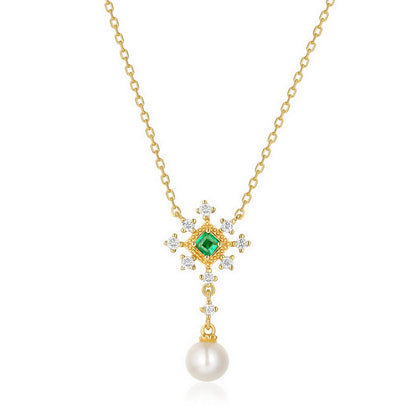 Green Accent & Pearl Drop Necklace in Gold-Tone Silver - view 4
