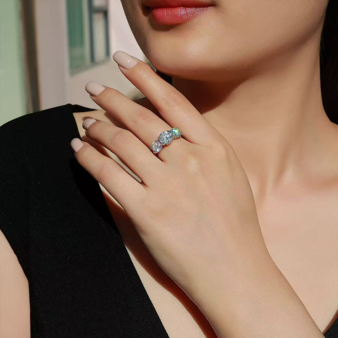 Three-Stone Moissanite Silver Ring - product view 2